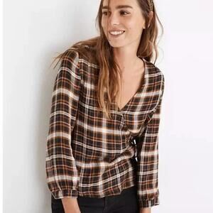 Madewell Plaid Gauze Wrap Top XS Black Brown Puff Sleeve Preppy Cottagecore